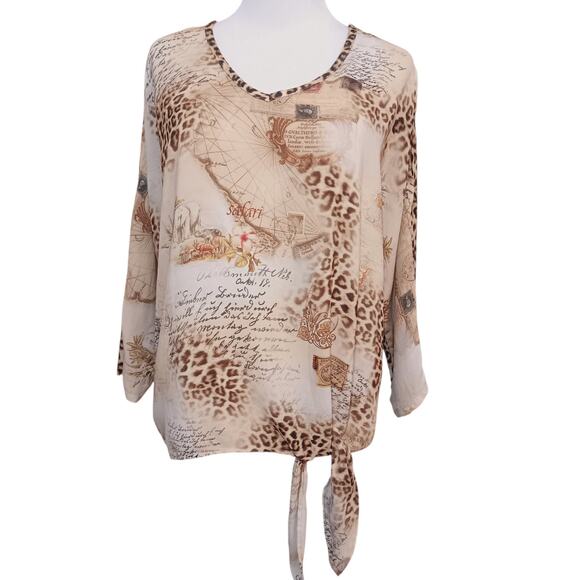 CHICO'S 1 Cute Travel Print Split Sleeves Blouse‎ Top M/8 Animals Maps Safari - Picture 2 of 16